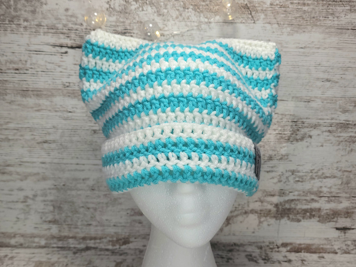 Cat Ear Beanie - White/Teal